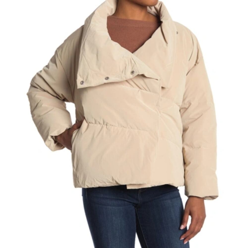 ELODIE Asymmetrical Zip Puffer Coat Insulated Funnel Neck Natural Womens Size M